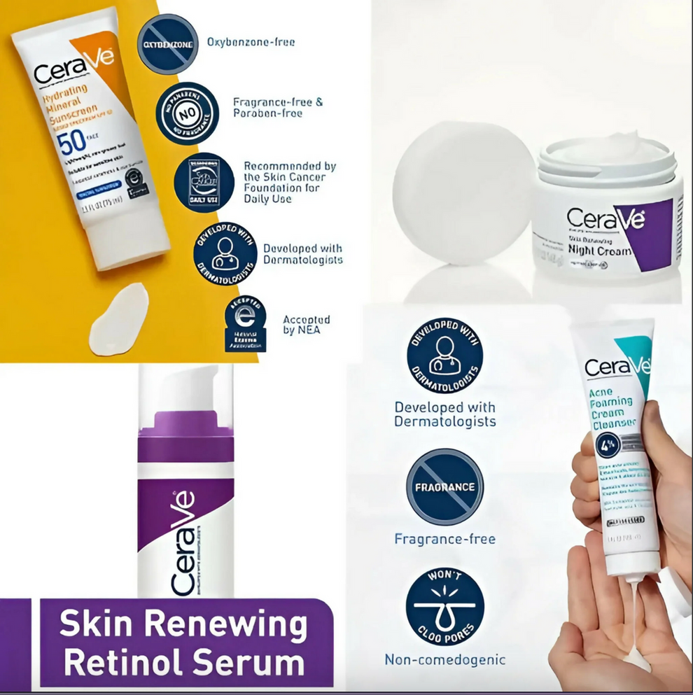 CeraVe 4 in 1 Skincare Kit Night Cream, Sunblock, Cleanser & Serum for Radiant Skin