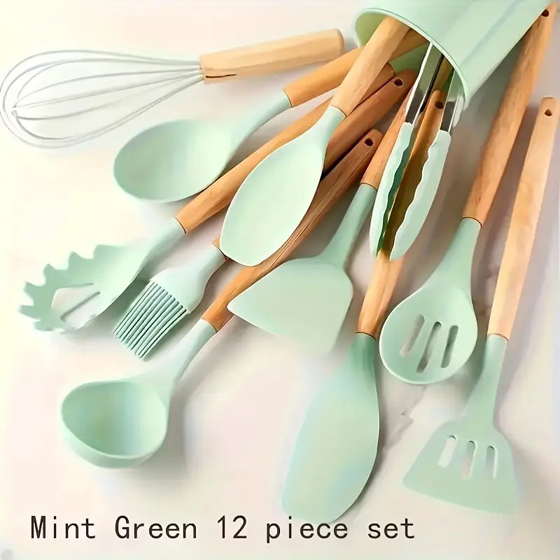 Original China Imported 12 Pcs Silicone Kitchen Set Wooden Handle and Storage Box