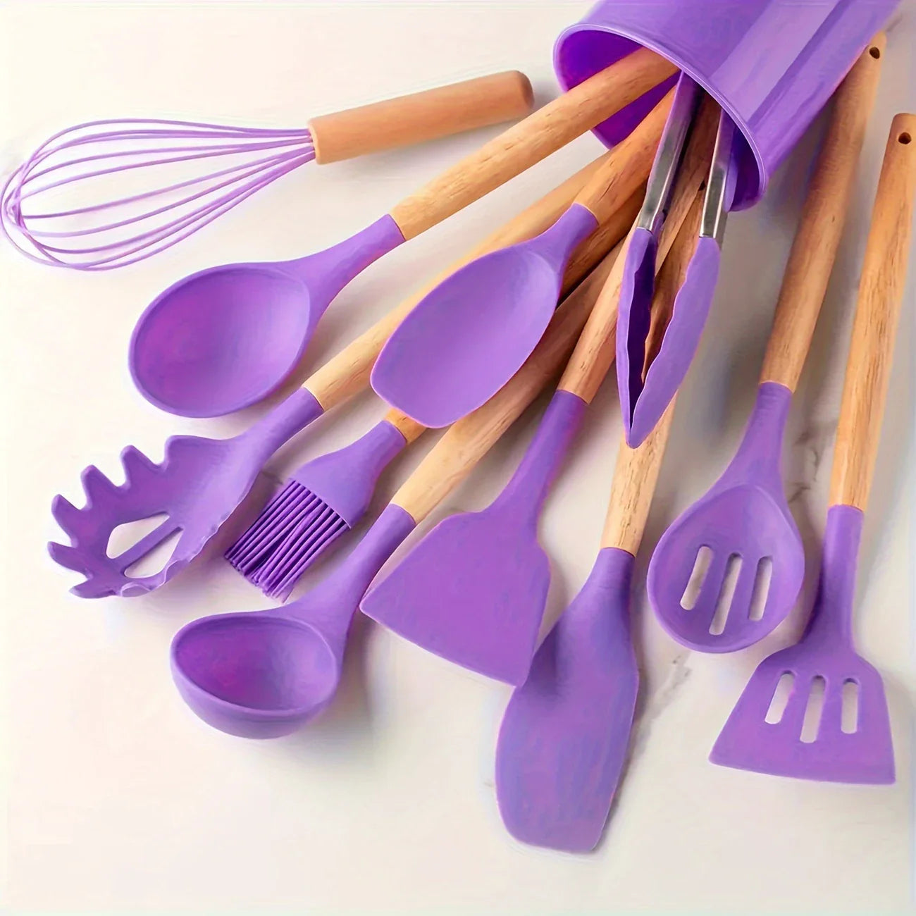 Original China Imported 12 Pcs Silicone Kitchen Set Wooden Handle and Storage Box