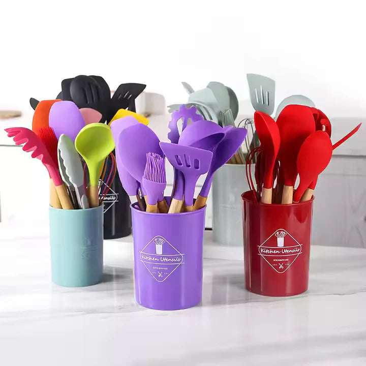 Original China Imported 12 Pcs Silicone Kitchen Set Wooden Handle and Storage Box