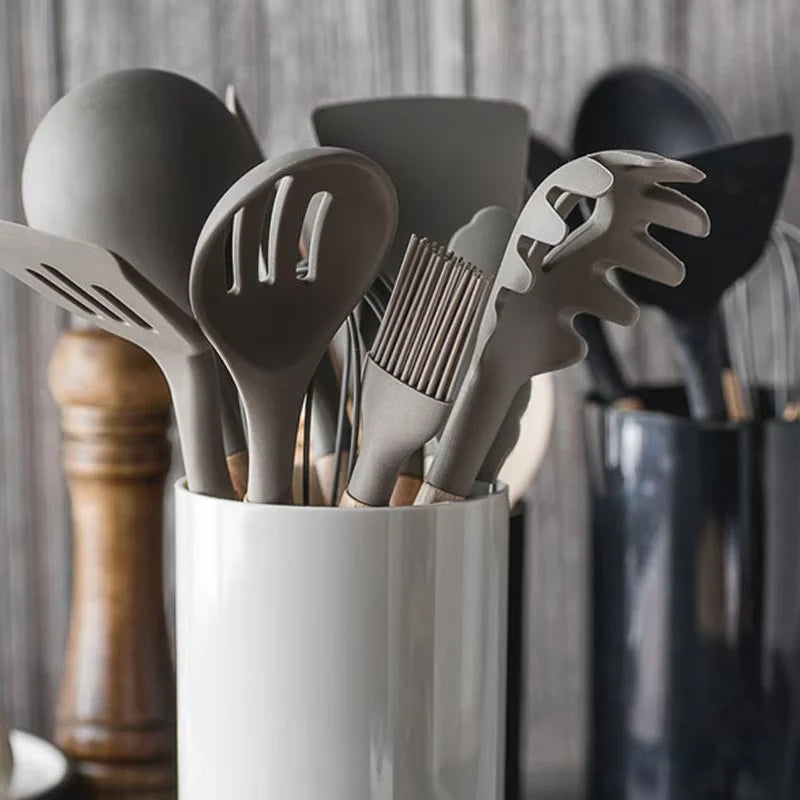 Original China Imported 12 Pcs Silicone Kitchen Set Wooden Handle and Storage Box