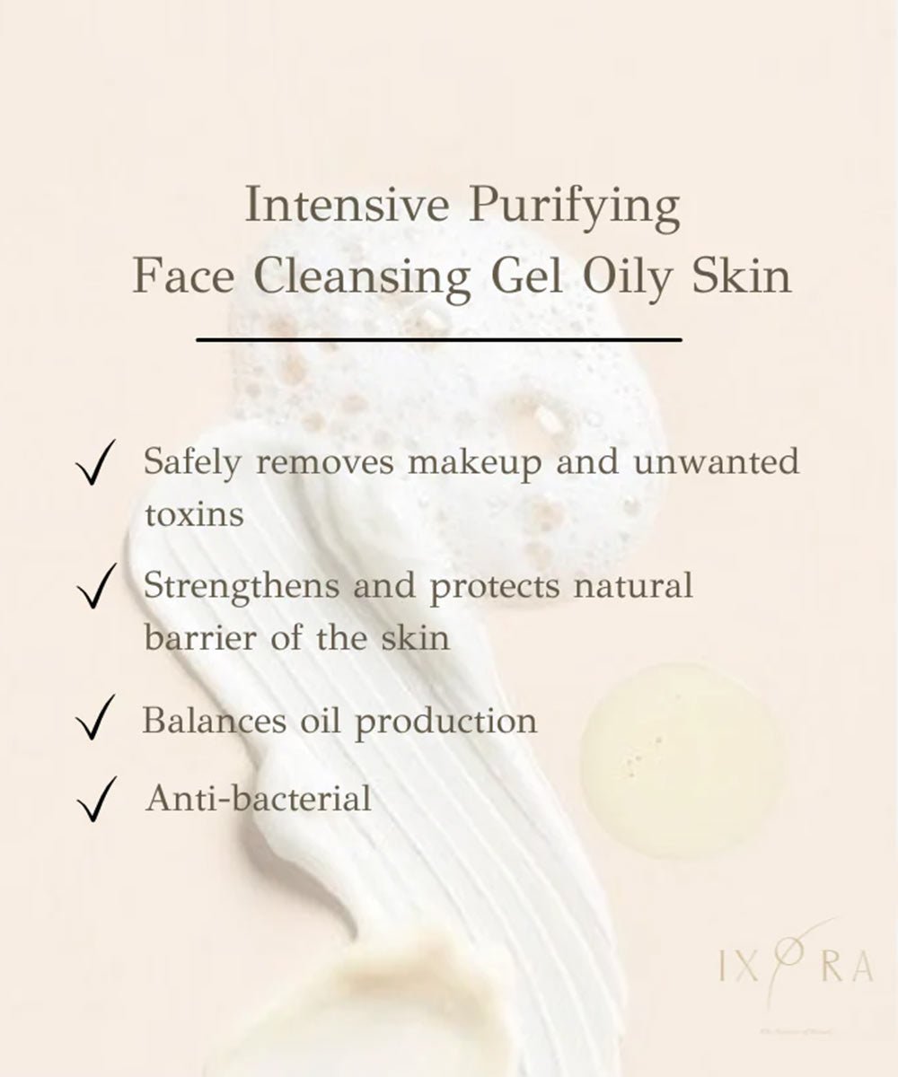 Ixora - Sebum Regulating Intensive Purifying Face Cleansing Gel with Tea Tree, Eucalyptus Essential Oils for Preventing Breakouts, Blackheads, Acne in Oily Skin